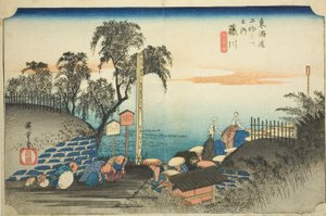 Fujikawa: Widok na przedmieścia poczty (Fujikawa, bohana no zu), z serii „Pięćdziesiąt trzy stacje Tokaido (Tokaido gojusan tsugi no uchi),”, znany również jako Hoeido Tokaido autorstwa Utagawa Hiroshige