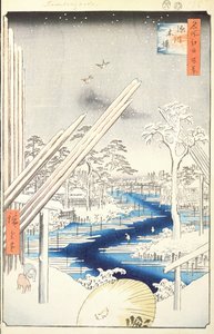 Fukagawa Tartak, nr 106 ze stu słynnych widoków Edo, 1856 (kolorowy druk drzeworytu) autorstwa Utagawa Hiroshige
