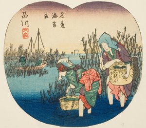 Zbieranie wodorostów w Omori w Shinagawa (Shinagawa, Omori, meisan nori tori), fragment arkusza nr 1 z serii „Wycinane obrazy drogi Tokaido (Tokaido harimaze zue)” autorstwa Utagawa Hiroshige