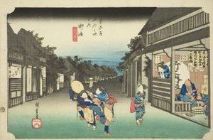 Goyu: Kobiety zatrzymujące podróżników (Goyu, tabibito tomeru onna), z serii „Pięćdziesiąt trzy stacje Tokaido (Tokaido gojusan tsugi no uchi),” znane również jako Hoeido Tokaido autorstwa Utagawa Hiroshige