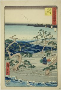 Hamamatsu: słynne szemrzące sosny (Hamamatsu, meisho zazanza no matsu), nr. 30 z serii „Słynne zabytki pięćdziesięciu trzech stacji (Gojusan tsugi meisho zue),” znanej również jako Vertical Tokaido autorstwa Utagawa Hiroshige