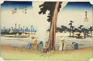 Hamamatsu: Scena zimowa (Hamamatsu, fuyugare no zu), z serii „Pięćdziesiąt trzy stacje Tokaido (Tokaido gojusan tsugi no uchi),” znana również jako Hoeido Tokaido autorstwa Utagawa Hiroshige