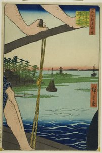 Prom Haneda i świątynia Benten (Haneda no watashi Benten no yashiro), z serii "Sto słynnych widoków Edo (Meisho Edo hyakkei)". autorstwa Utagawa Hiroshige