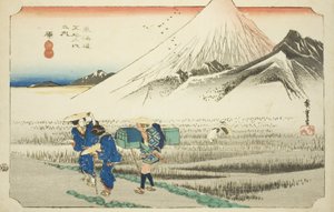 Hara: Góra Fuji o poranku (Hara, asa no Fuji), z serii „Pięćdziesiąt trzy stacje drogi Tokaido (Tokaido gojusan tsugi no uchi),” znanej również jako Hoeido Tokaido autorstwa Utagawa Hiroshige