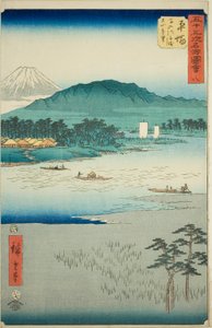 Hiratsuka: Ferry on the Banyu River and Distant View of Mount Oyama (Hiratsuka, Banyugawa funewatashi Oyama enbo), no. 8 from the series "Famous Sights of the Fifty-three Stations (Gojusan tsugi meisho zue)," also known as the Vertical Tokaido autorstwa Utagawa Hiroshige