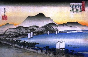 Hiroshige Droga obok jeziora z kilkoma łodziami autorstwa Utagawa Hiroshige