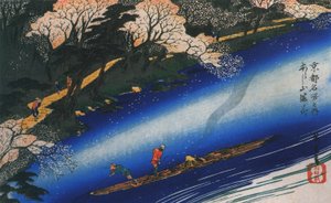 Hiroshige polujący na tratwie na rzece autorstwa Utagawa Hiroshige