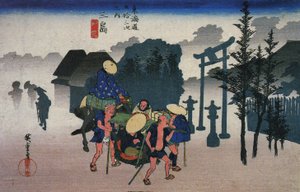 Hiroshige, Podróżni mijający świątynię we mgle autorstwa Utagawa Hiroshige