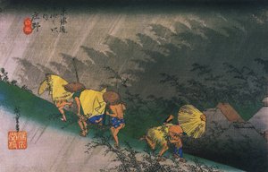 Hiroshige, Podróżni zaskoczeni nagłym deszczem autorstwa Utagawa Hiroshige