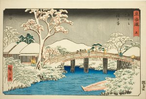 Hodogaya: Rzeka Katabira i most Katabira (Hodogaya, Katabiragawa Katabirabashi) – nr 5 z serii „Pięćdziesiąt trzy stacje Tokaido (Tokaido gojusan tsugi),” znany również jako Reisho Tokaido autorstwa Utagawa Hiroshige