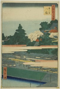 Ichigaya Hachiman Shrine (Ichigaya Hachiman), z serii "One Hundred Famous Views of Edo (Meisho Edo hyakkei)". autorstwa Utagawa Hiroshige