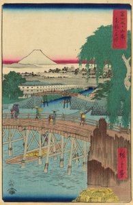 Most Ichikoku we wschodniej stolicy (Toto Ichikokubashi), z serii „Trzydzieści sześć widoków na górę Fuji (Fuji sanjurokkei)” autorstwa Utagawa Hiroshige
