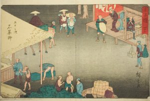 Ishi Yakushi – z. 45, z serii „pięćdziesiąt trzy s tachi dźwięków stopnia miejskiego (stopień miejski obok głównej góry)” autorstwa Utagawa Hiroshige