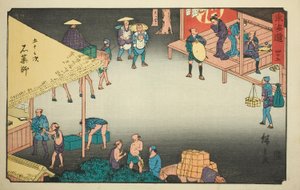 Ishi Yakushi – z. 45, z serii „pięćdziesiąt trzy s tachi dźwięków stopnia miejskiego (stopień miejski obok głównej góry)” autorstwa Utagawa Hiroshige