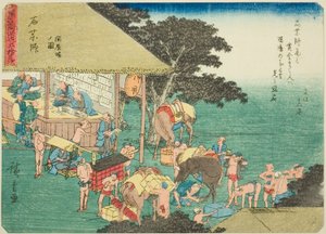 Ishiyakushi: Dom Pocztowy (Ishiyakushi, toiyaba no zu), z serii „Pięćdziesiąt trzy stacje Tokaido (Tokaido gojusan tsugi),” znany również jako Tokaido z wierszem (Kyoka iri Tokaido) autorstwa Utagawa Hiroshige