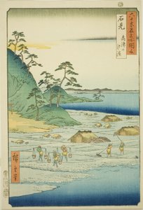 Prowincja Iwami: Słone plaże w pobliżu wzgórza Takatsu (Iwami, Takatsuyama shiohama), z serii „Słynne miejsca w sześćdziesięciu nieparzystych prowincjach (Rokujuyoshu meisho zue)” autorstwa Utagawa Hiroshige