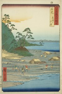 Prowincja Iwami: Słone plaże w pobliżu wzgórza Takatsu (Iwami, Takatsuyama shiohama), z serii „Słynne miejsca w sześćdziesięciu nieparzystych prowincjach (Rokujuyoshu meisho zue)” autorstwa Utagawa Hiroshige