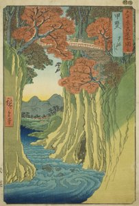 Prowincja Kai: Monkey Bridge (Kai, Saruhashi), z serii „Słynne miejsca w sześćdziesięciu nieparzystych prowincjach (Rokujuyoshu meisho zue)” autorstwa Utagawa Hiroshige