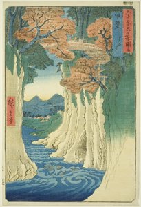 Prowincja Kai: Monkey Bridge (Kai, Saruhashi), z serii „Słynne miejsca w sześćdziesięciu nieparzystych prowincjach (Rokujuyoshu meisho zue)” autorstwa Utagawa Hiroshige