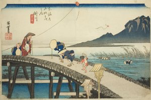 Kakegawa: Odległy widok na górę Akiba (Kakegawa, Akibasan enbo), z serii „Pięćdziesiąt trzy stacje Tokaido (Tokaido gojusan tsugi no uchi),” znany również jako Hoeido Tokaido autorstwa Utagawa Hiroshige