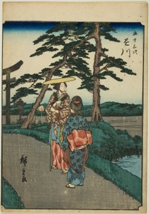 Kakegawa, z serii „pięćdziesiąt trzy dźwięki tachi” „miejskości” (następnie Goshuyama) autorstwa Utagawa Hiroshige