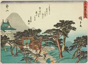 Kameyama, z serii „Pięćdziesiąt trzy stacje Tokaido (Tokaido gojusan tsugi),” znany również jako Tokaido z wierszem (Kyoka iri Tokaido) autorstwa Utagawa Hiroshige