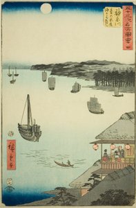 Kanagawa: Widok na morze z herbaciarni na wzgórzu (Kanagawa, dai no chaya kaijo miharashi), nr. 4 z serii „Słynne zabytki pięćdziesięciu trzech stacji (Gojusan tsugi meisho zue),” znanej również jako Vertical Tokaido autorstwa Utagawa Hiroshige