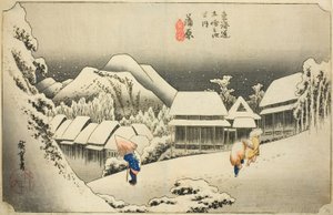 Kanbara: Wieczorny śnieg (Kanbara, yoru no yuki), z serii „Pięćdziesiąt trzy stacje Tokaido (Tokaido gojusan tsugi no uchi),” znany również jako Hoeido Tokaido autorstwa Utagawa Hiroshige