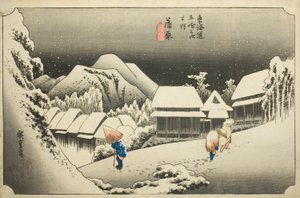 Kanbara: Wieczorny śnieg (Kanbara, yoru no yuki), z serii „Pięćdziesiąt trzy stacje Tokaido (Tokaido gojusan tsugi no uchi),” znany również jako Hoeido Tokaido autorstwa Utagawa Hiroshige
