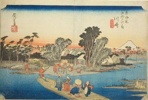 Kawasaki: Prom Rokugo (Kawasaki, Rokugo watashibune), z serii „Pięćdziesiąt trzy stacje Tokaido (Tokaido gojusan tsugi no uchi),” znany również jako Hoeido Tokaido autorstwa Utagawa Hiroshige