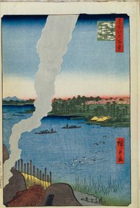 Piece i prom Hashiba na rzece Sumida Sto słynnych widoków Edo, 1856-1858 autorstwa Utagawa Hiroshige