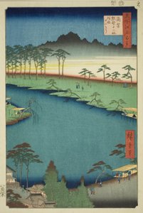 Świątynia Kumano Junisha w Tsunohazu, popularnie znana jako Juniso (Tsunohazu Kumano Junisha, zokusho Juniso), z serii „Sto słynnych widoków Edo (Meisho Edo hyakkei)” autorstwa Utagawa Hiroshige