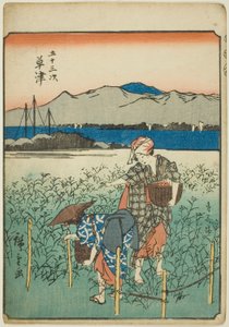 Kusatsu, z serii „pięćdziesiąt trzy brzmienia S tachi” „miejskości” (następna Goshuyama) autorstwa Utagawa Hiroshige