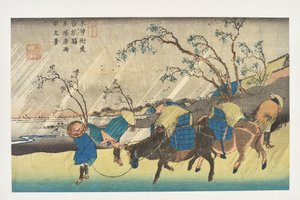 Kutsukake: Widok deszczu nad równiną Hiratsuka, z serii „69 stacji Kisokaidō”