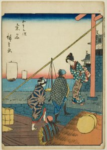 Kuwana, z serii „pięćdziesiąt trzy brzmienia Stachi” „miejskości” (następna Goshuyama) ) autorstwa Utagawa Hiroshige