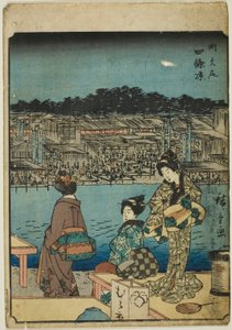 Kioto: Wieczór chłodny w Shijo (Onajiku taibi, Shijo suzumi), z serii „Pięćdziesiąt trzy stacje [Tokaido] (Gojusan tsugi)”, znany również jako Figura Tokaido (Jinbutsu Tokaido) autorstwa Utagawa Hiroshige