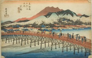 Kioto: Wielki Most w Sanjo (Keishi, Sanjo ohashi), z serii „Pięćdziesiąt trzy stacje Tokaido (Tokaido gojusan tsugi no uchi),” znany również jako Hoeido Tokaido autorstwa Utagawa Hiroshige