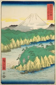 Jezioro w Hakone (Hakone no kosui), z serii „Trzydzieści sześć widoków na górę Fuji (Fuji sanjurokkei)” autorstwa Utagawa Hiroshige
