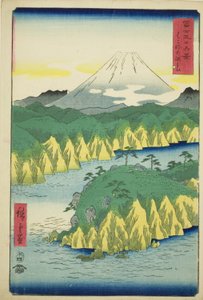 Jezioro w Hakone (Hakone no kosui), z serii „Trzydzieści sześć widoków na górę Fuji (Fuji sanjurokkei)” autorstwa Utagawa Hiroshige