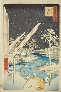 Tartaki w Fukagawa (Fukagawa kiba), z ciemnym niebem, nr 106 z serii "Sto słynnych widoków Edo (Meisho Edo hyakkei)". autorstwa Utagawa Hiroshige