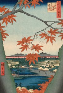 Klony w Mama, Tekona Shrine i Tsugi Bridge (Mama no momiji, Tekona no yashiro, Tsugihashi), z serii „Sto słynnych widoków Edo (Meisho Edo hyakkei)” autorstwa Utagawa Hiroshige
