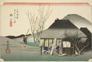 Mariko: Słynna herbaciarnia (Mariko, meibutsu chamise), z serii „Pięćdziesiąt trzy stacje na Tokaido Road (Tokaido gojusan tsugi no uchi),” znana również jako Hoeido Tokaido autorstwa Utagawa Hiroshige