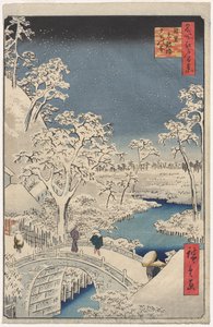 Obraz Twilight at the Drum Bridge w Meguro, z serii 100 widoków znanych miejsc w Edo autorstwa Utagawa Hiroshige