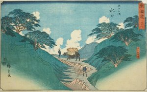 Minakuchi: Piękne sosny na górze Hiramatsu (Minakuchi, Hiramatsuyama bisho) – nr 51, z serii „Pięćdziesiąt trzy stacje Tokaido (Tokaido gojusan tsugi),” znanej również jako Reisho Tokaido autorstwa Utagawa Hiroshige