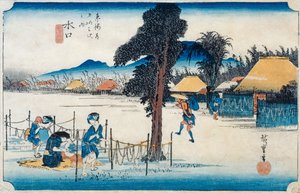 Minakuchi: słynna produkcja Kampyo z serii „Pięćdziesiąt trzy stacje na Tokaido”, ok. 1834-35 (kolorowy drzeworyt)