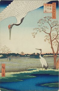 Minowa, Kanasugi, Mikawashima, nr 102 z serii "Sto słynnych widoków Edo (Meisho Edo hyakkei)". autorstwa Utagawa Hiroshige