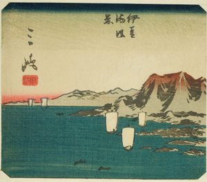 Mishima, część arkusza nr. 3 z serii "Wycinane obrazy Tokaido (Tokaido harimaze zue)" autorstwa Utagawa Hiroshige