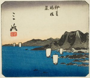 Mishima, część arkusza nr. 3 z serii "Wycinane obrazy Tokaido (Tokaido harimaze zue)" autorstwa Utagawa Hiroshige