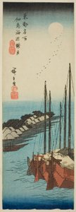 Misty Moonlight on the Shore at Tsukuda Island (Tsukudajima kaihen oborozuki), z serii „Słynne miejsca we wschodniej stolicy (Toto meisho)” autorstwa Utagawa Hiroshige