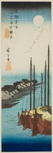 Unsty również na Te Shore At Tsukuda I Sand (Tsukudajima Modified Oborozuki), z Te Seeries „Fa Nets Pa Backs Member Te Airs Hand-made Pita l (Toto (słynne miejsce)” autorstwa Utagawa Hiroshige